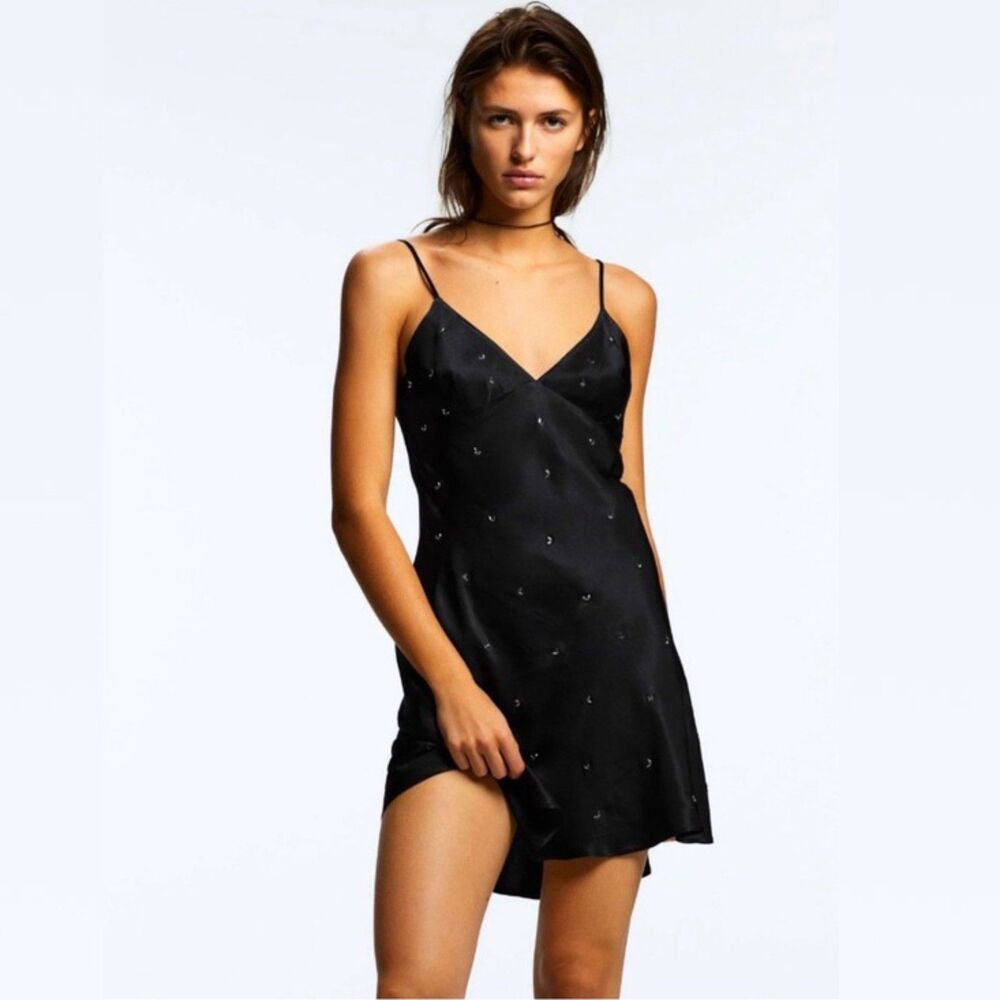 Zara NWT Black Satin Jewel Embellished Mini Dress Size M